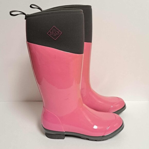 Muck Boots Tremont Wellie Gloss Sz 9 Rubber Neoprene Boots Black Pink Tall Chore - Picture 1 of 15